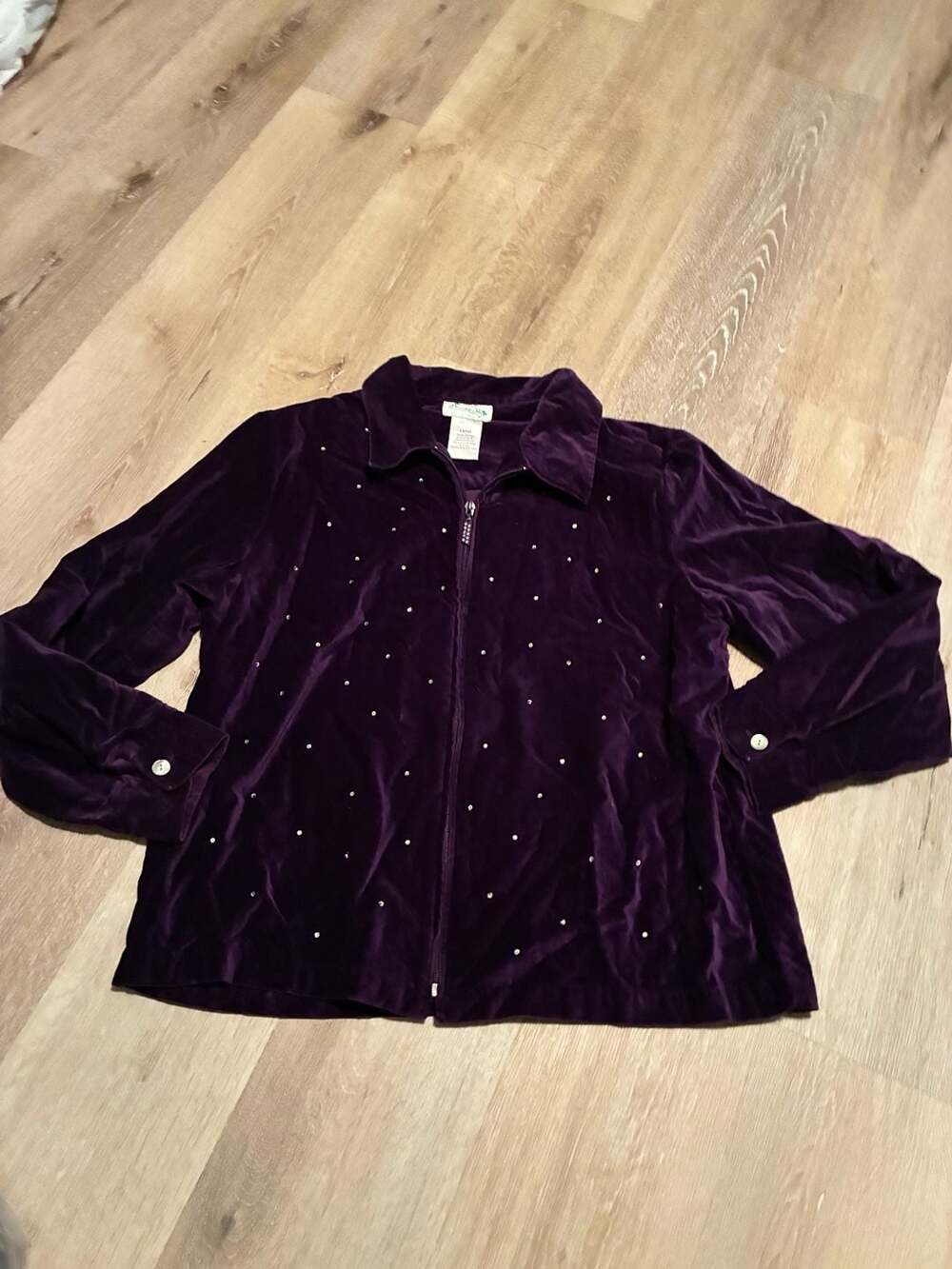 Quacker Factory Purple Velvet Rhinestone Full Zip Jacket Size Large